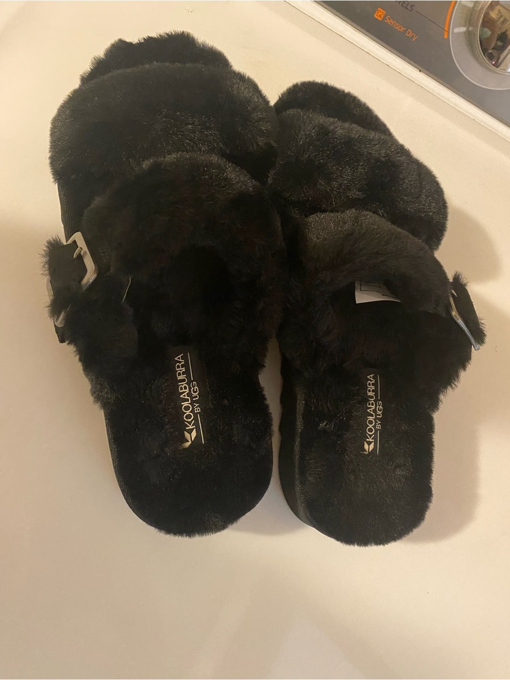 Koolaburra Black Faux-Fur Buckle Slide Slippers